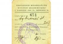 LegitymacjaZrzeszenia Mieszkańców Kolonii Akademickiej w Warszawie wydana Stanisławowi Dąbrowskiemu w roku 1930/31