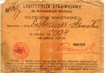 Legitymacja tramwajowa na rok 1931/32 dla słuchaczy Politechniki Warszawskiej należąca do Stanisława Dąbrowskiego