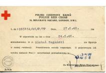 Odpowiedź PCK - Londyn z dn. 27 VI 1946 r. kierowana do Janiny Sagańskiej w Kraśniku Lubelskim dotycząca poszukiwania Michała Sagańskiego. 