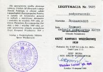 Legitymacja nr 9685 stwierdzająca nadanie pośmiertnie Krzyża Kampanii Wrześniowej 1939 r. dla ppor. Zygmunta Bogdanowicza 