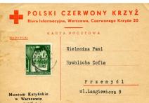 Pismo- Odpowiedź Polskiego Czerwonego Krzyża z 15 XII 1941 skierowane do pani Rychlickiej Zofii w Przemyślu, ul. Langiewicza 9.