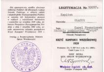 Legitymacja nadania Odznaki Pamiątkowej Krzyż Kampanii Wrześniowej 1939 r. Karolowi Glazurowi