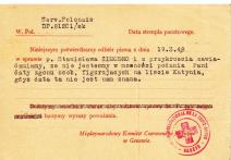 Karta informacyjna z Międzynarodowego Czerwonego Krzyża w Genewie z dn. 9 IV 1948 r. potwierdzająca odbiór pisma z dn. 19 III 1948r. w sprawie Stanisława Zimodro zaadresowana do Janiny Marii Zimodro