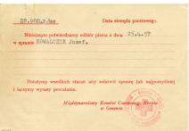 Odpowiedź MCK dla p.Wiktorii Kowalczyk w Łodzi stwierdzająca otrzymanie pisma z dn. 26 IV 1957r.