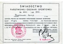 Świadectwo Państwowej Odznaki Sportowej nr 6551/1935 dla Henryka Bieńkowskiego - prawo do noszenia państwowej odznaki sportowej klasy drugiej stopnia trzeciego - pieczęć i podpis.