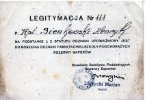 Legitymacja nr 111 p. kpt. Henryka Bieńkowskiego, upoważniająca do noszenia odznaki pamiątkowej Szkoły Podchorążych Rezerwy Saperów