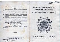 Legitymacja Szkoły Podchorążych Rezerwy Artylerii uprawniająca tyt. plut. podchorążego Haimana Jana- rozkazem Komendy SPRA nr 137 pkt. 2 z dnia 20 VI 1936 do noszenia Odznaki Pamiątkowej SPRA nr 4263.