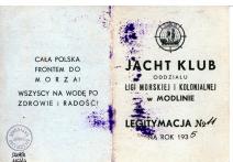 Legitymacja Jacht Klubu  - oddział Ligi Morskiej i Kolonialnej w Modlinie na 1935 r. dla kpt. Henryka Bieńkowskiego