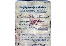 Legitymacja szkolna Państwowego Instytutu Sztuk Plastycznych  na rok 1938/39 nr 30/I.należąca do Henryka Siemickiego ur. w 1920 r. zam. we Lwowie - na odwrocie zdjęcie i pieczątki przedłużenia ważności.