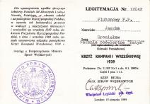 Legitymacja nr 12042 nadania Odznaki Pamiątkowej Krzyża Kampanii Wrześniowej 1939 plut.PP Bronisławowi Jaszka nadania pośmiertne w Londyn 15 VIII 1985r. 