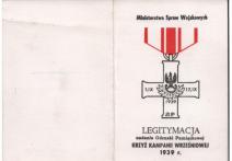 Legitymacja nadania Odznaki Pamiątkowej Krzyż Kampanii Wrześniowej 1939 r. Karolowi Glazurowi