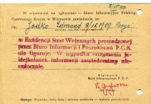 Pismo/ odpowiedź Biura Informacyjnego Polskiego Czerwonego Krzyża z dnia 8 VII 1950 skierowana do Antoniny Jodko w Warszawie z informacją, że E. Jodko w ewidencji strat wojskowych nie figuruje. 