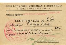 Legitymacja nr 260 p. Michał Sagański stwierdzająca,że jest komisarzem spisowym - spis ludności z dn. 9 XII 1931r. 