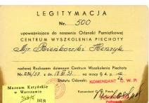 Legitymacja nr 500 upoważniająca do noszenia Odznaki Pamiątkowej mjr. Bieńkowskiemu Henrykowi.