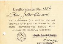 Legitymacja nr 1854 p. pchor. Jodko Edmunda- upoważniony do noszenia Odznaki Pamiątkowej Szkoły Podchorążych Rezerwy Saperów. 