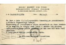 Odpowiedź Towarzystwa Pomocy Polakom w Londynie do Janiny Sagańskiej dotyczaca poszukiwania Michała Sagańskiego z 28 III 1947r.