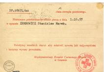 Karta informacyjna z Międzynarodowego Czerwonego Krzyża z dn. 26 XI 1957r. do Heleny Zembowicz w Warszawie potwierdzające przyjęcie pisma z dn. 1 X 1957r. w sprawie Stanisława Marka Zembowicz. 