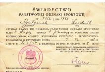 Świadectwo Państwowej Odznaki Sportowej nr 1152/1938 wystawione dla Gałganka Ludwika.