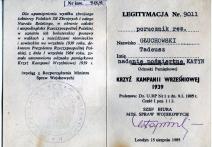 Legitymacja nr 9011- por. rez. Głuchowski Tadeusz- nadanie pośmiertne Odznaki Pamiątkowej Krzyż Kompanii Wrześniowej 1939.