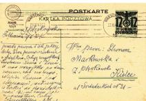 Karta pocztowa wysłana dn. 23 XI 1940r. od J.Piaskowskiej- Warszawa ul. Filtrowa 75/1 do Eleonory Markowskiej w Kielcach z informacjami dotyczącą Bolesława Markowskiego.