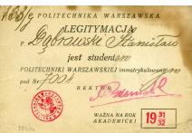 Legitymacja studenta Politechniki Warszawskiej na rok akademicki 1931/32 należąca do Stanisława Dąbrowskiego