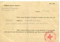 Informacja z Komitetu Międzynarodowego Czerwonego Krzyża w Genewie z dnia 27 VI 1946 do pani Ireny Szejner ul. Unicka w Łodzi.