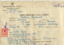 Akt zejścia/ odpis skrócony wydany przez Urząd Stanu Cywilnego Warszawa- Południe nr 190 II 1949 dot. Tadeusza Głuchowskiego uznanego za zmarłego 
