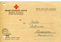 Pismo/ odpowiedź Biura Informacyjnego Polskiego Czerwonego Krzyża z dnia 8 VII 1950 skierowana do Antoniny Jodko w Warszawie z informacją, że E. Jodko w ewidencji strat wojskowych nie figuruje. 