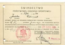 Świadectwo Państwowej Odznaki Sportowej nr 1376/34 Jodko Edmunda- uprawnienia klasy II st. pierwszego- Warszawa 31 VIII 1934.